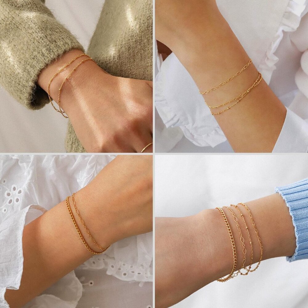 Women's 5Pcs Gold Bracelets for Waterproof, 14K Gold Plated Jewelry Sets Trendy - Picture 6 of 8
